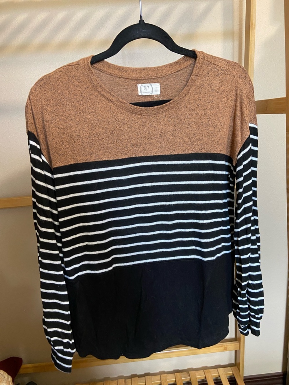 Maurices Colorblock Long Sleeve Tee in Tan, Black & White - Casual Everyday Top